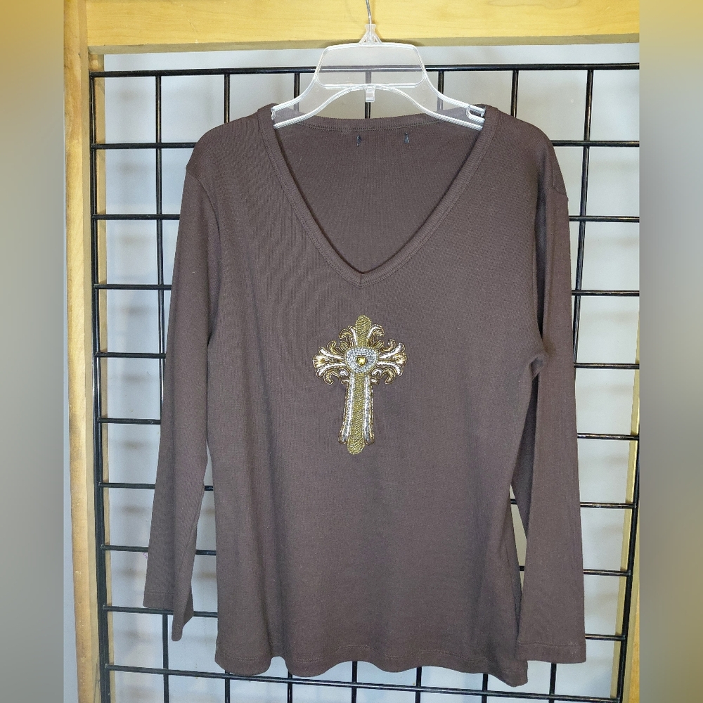Brown V-Neck Top with Gold Embellishment